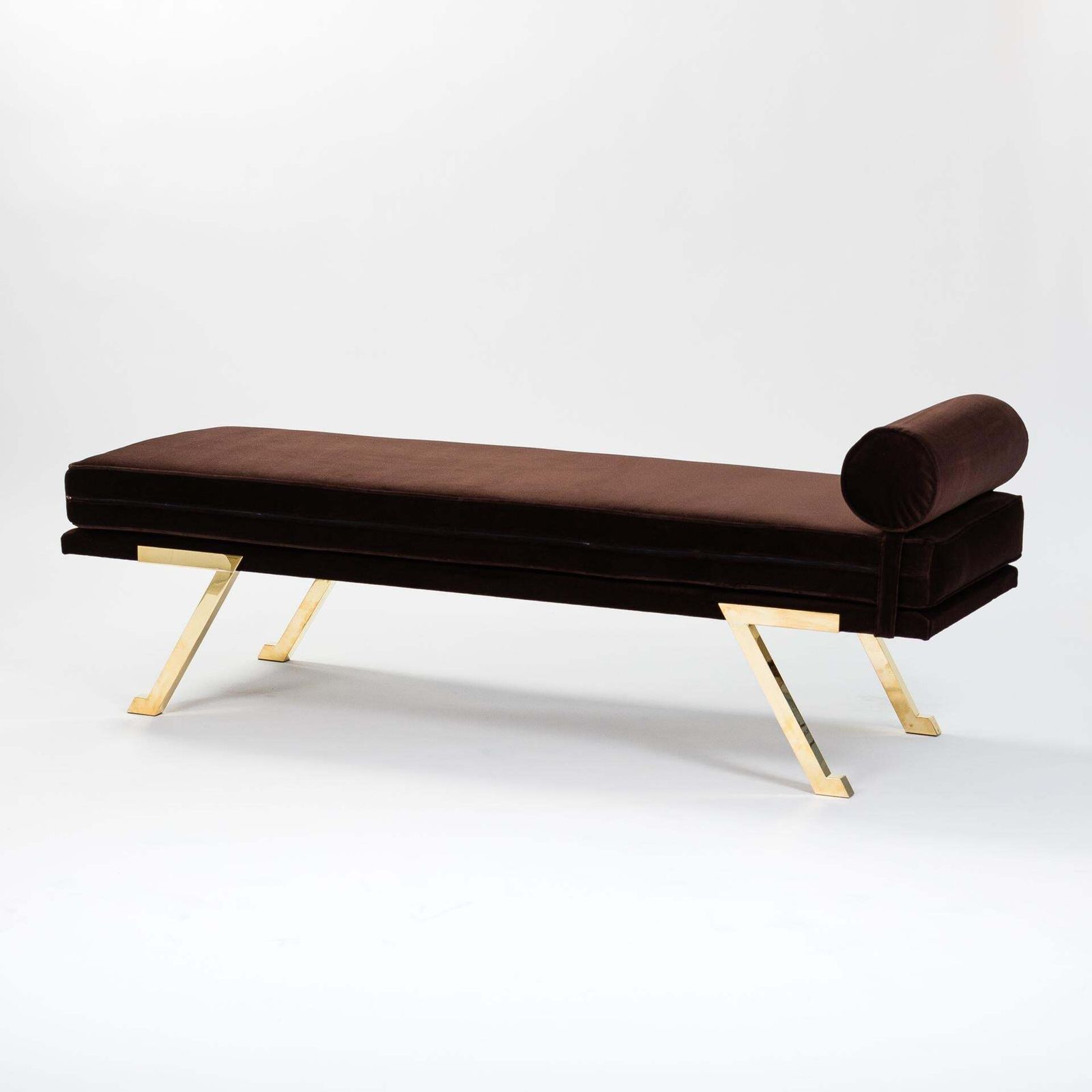 photo for sale Italian Mid Century Daybed / Bench Brass Legs, Chocolate Brown Velvet 1970s