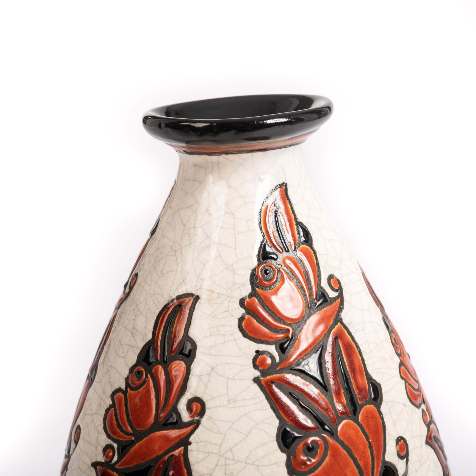 Large Art Deco Ceramic Vase In Orange Red Black Beige By Boch Frères Belgium 30s photo furniture