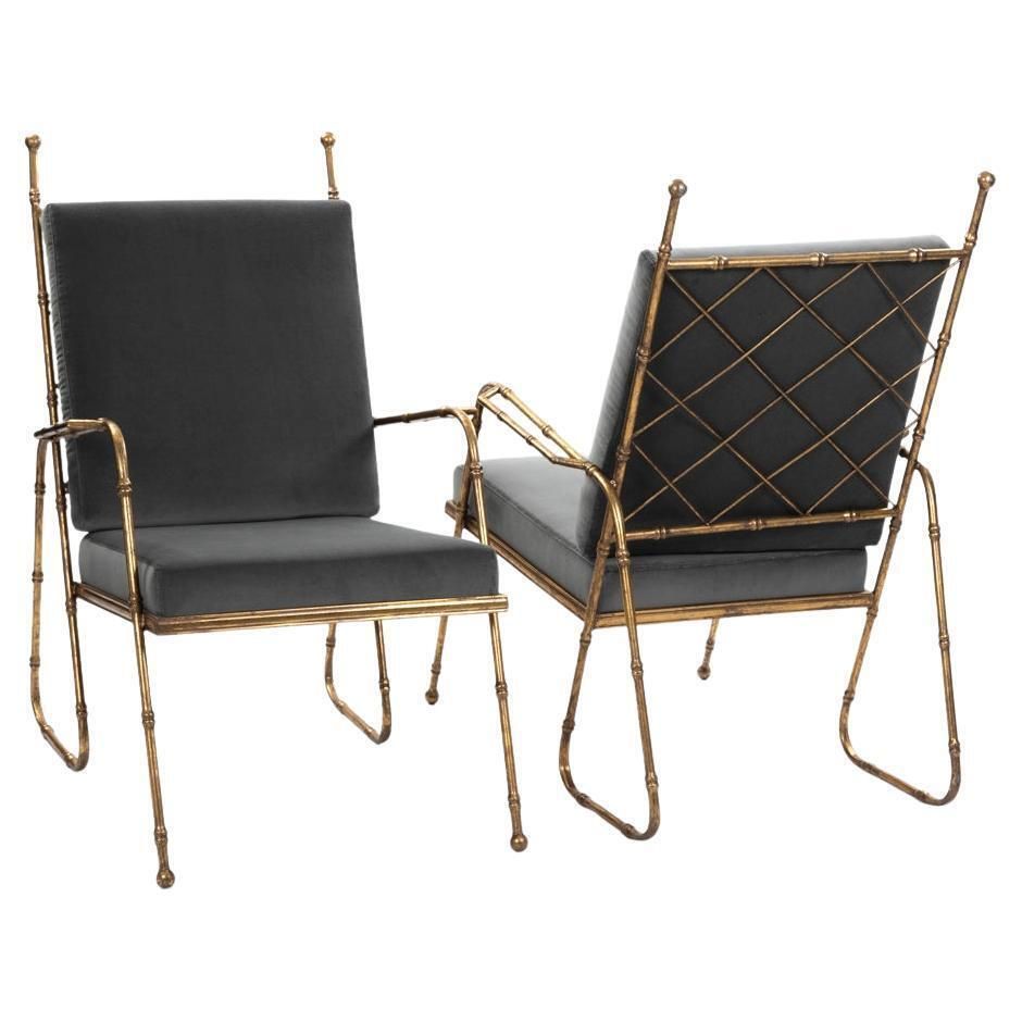 Pair Of French Mid Centruy Gilt Iron Faux Bamboo Armchairs Grey Velvet 1980s