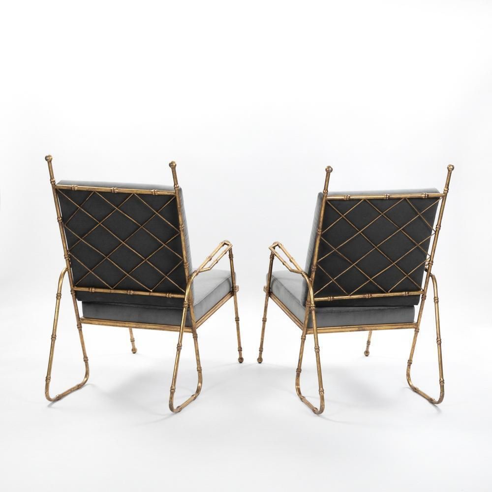 Pair Of French Mid Centruy Gilt Iron Faux Bamboo Armchairs Grey Velvet 1980s photo Furniture