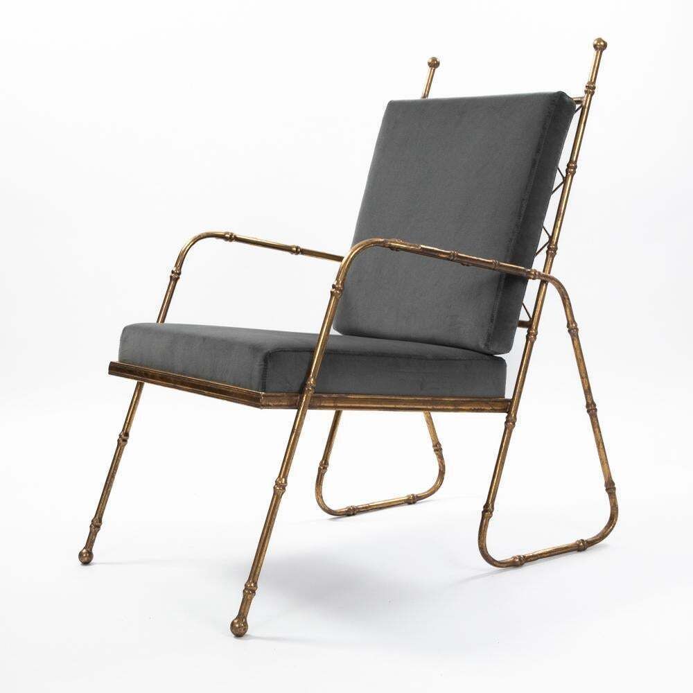 7566.0 Pair Of French Mid Centruy Gilt Iron Faux Bamboo Armchairs Grey Velvet 1980s photo