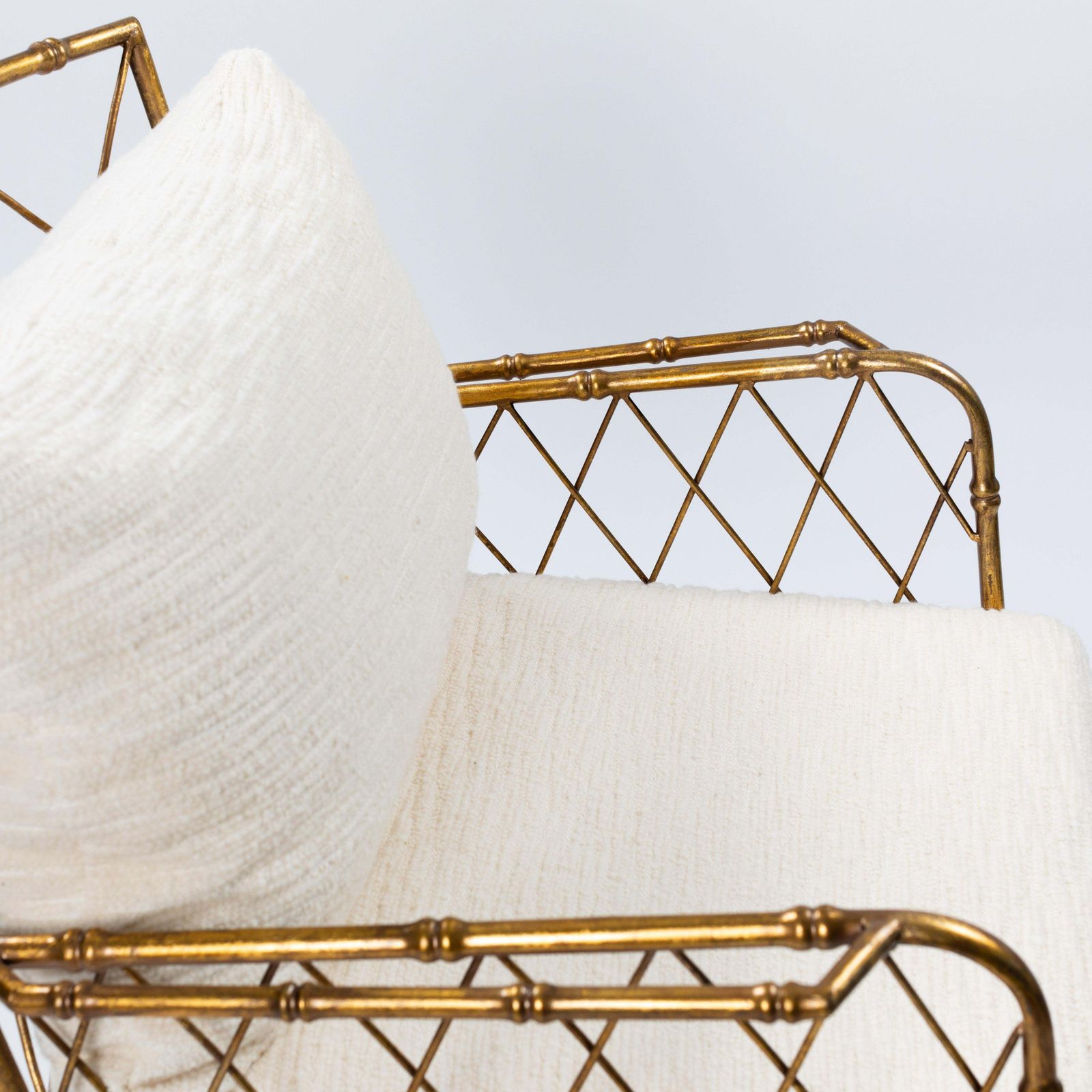 Pair Of French Mid Centruy Gilt Iron Faux Bamboo Armchairs Offwhite Linen, 1980s photo buy