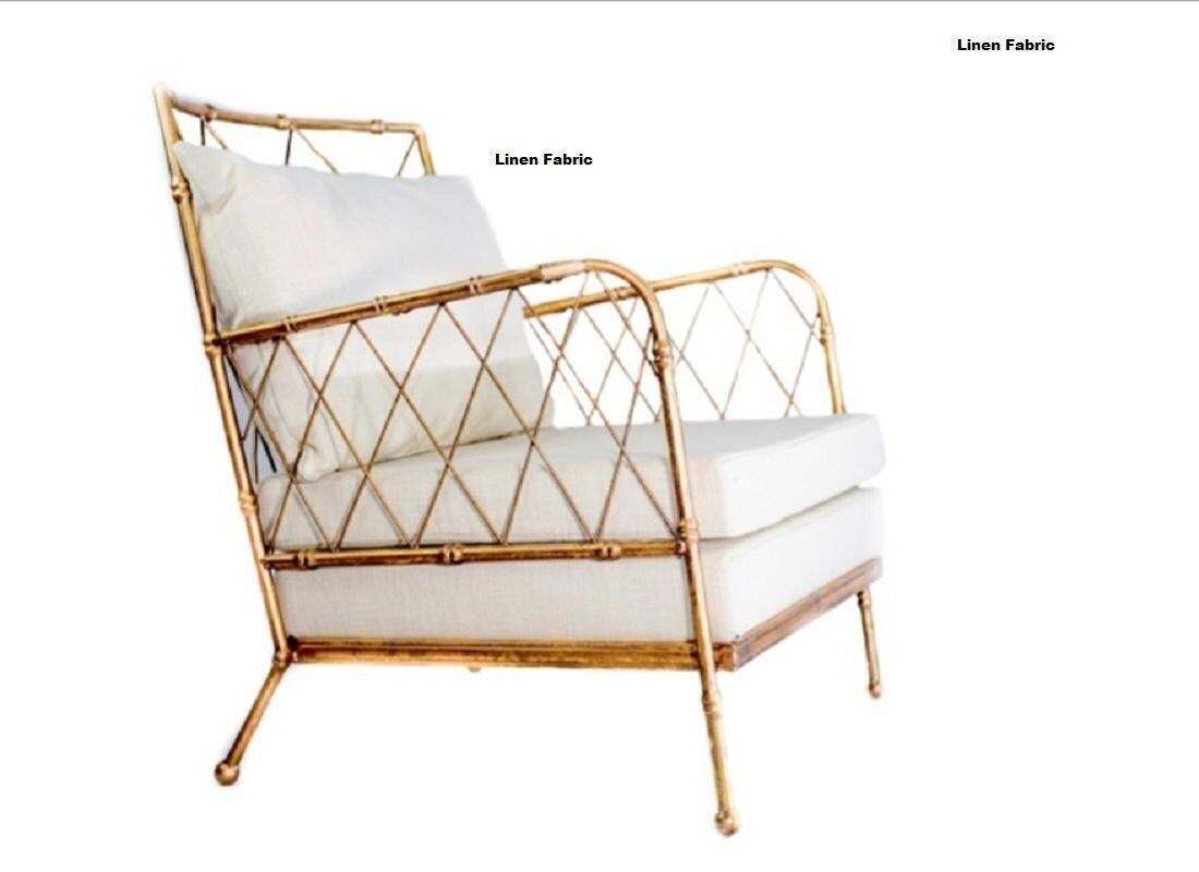 7480.0 Pair Of French Mid Centruy Gilt Iron Faux Bamboo Armchairs Offwhite Linen, 1980s photo