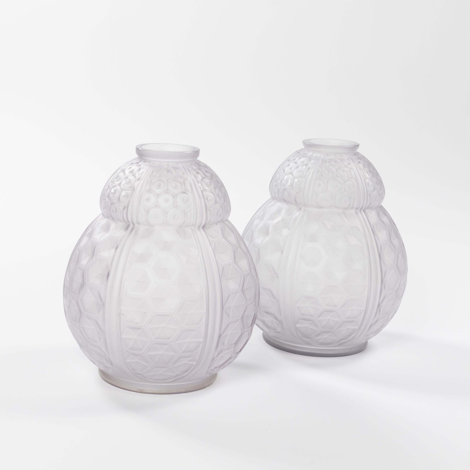 Pair Of French Art Déco Art Glass Vases In Geometric Design By Oreor, 1930s photo furniture
