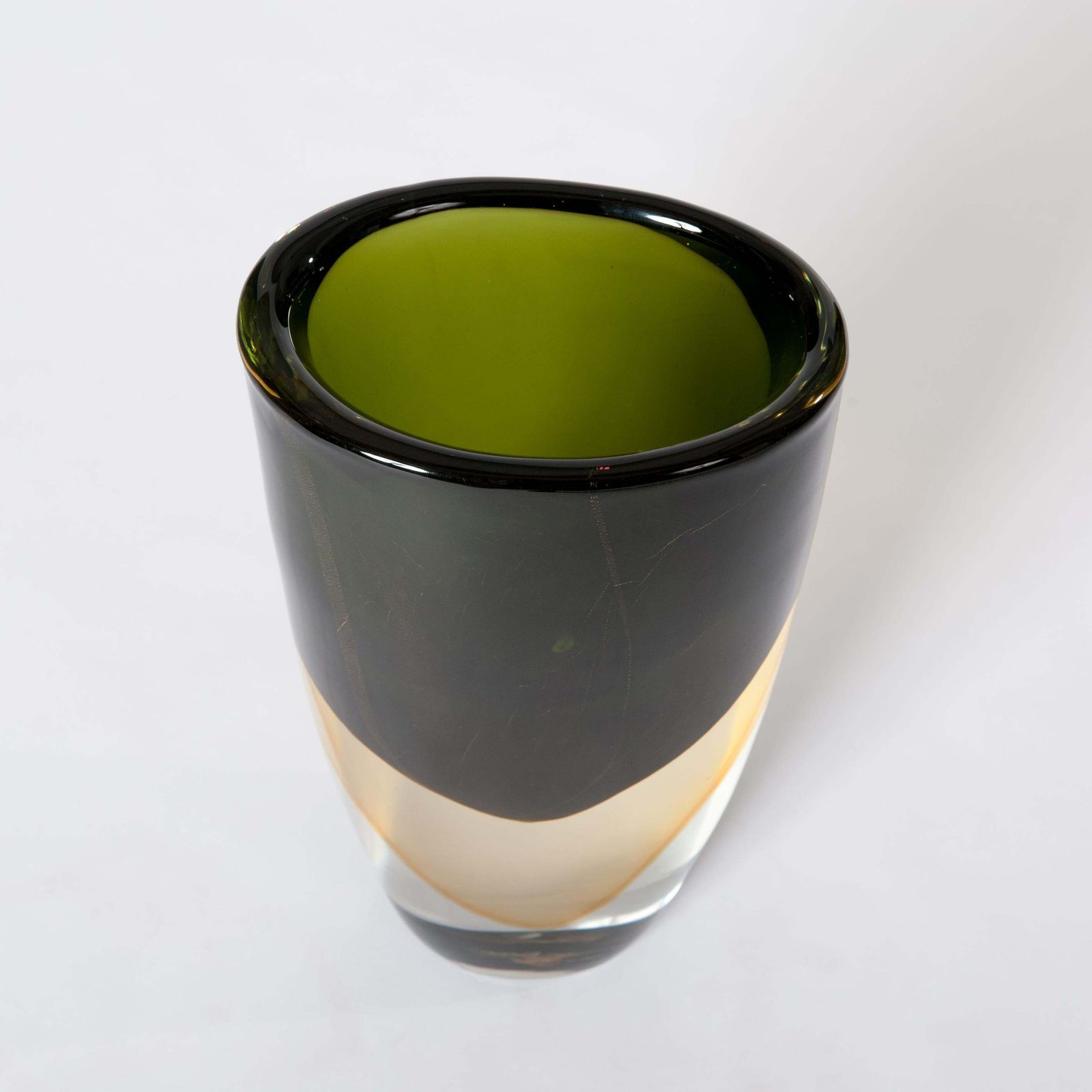 Handmade Murano Glass Sommerso Vase In Darkgreen, Yellow Signed By Romano Donà photo furniture