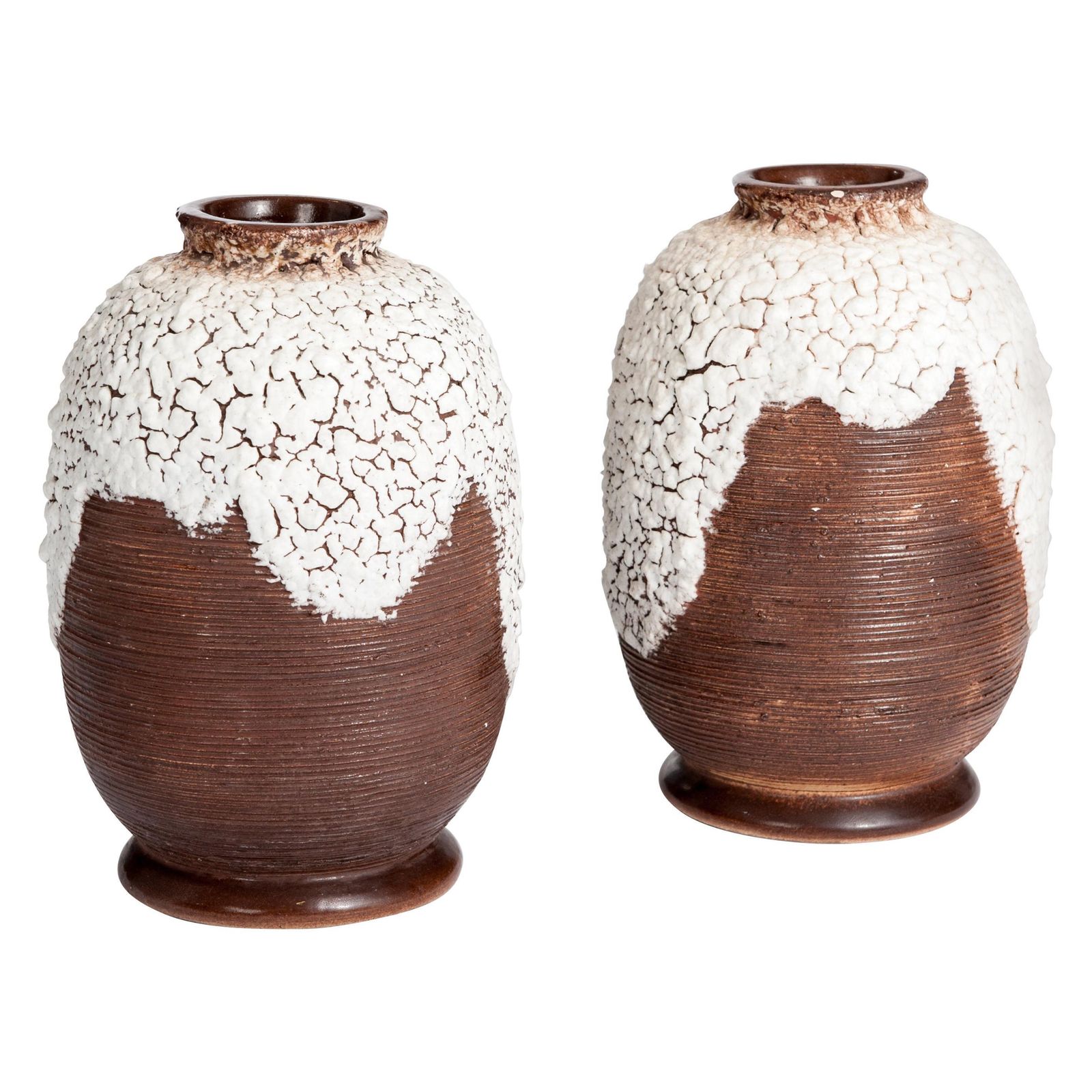 Pair Of French Art Deco Ceramic Vases Brown Offhwite By Louis Auguste Dage