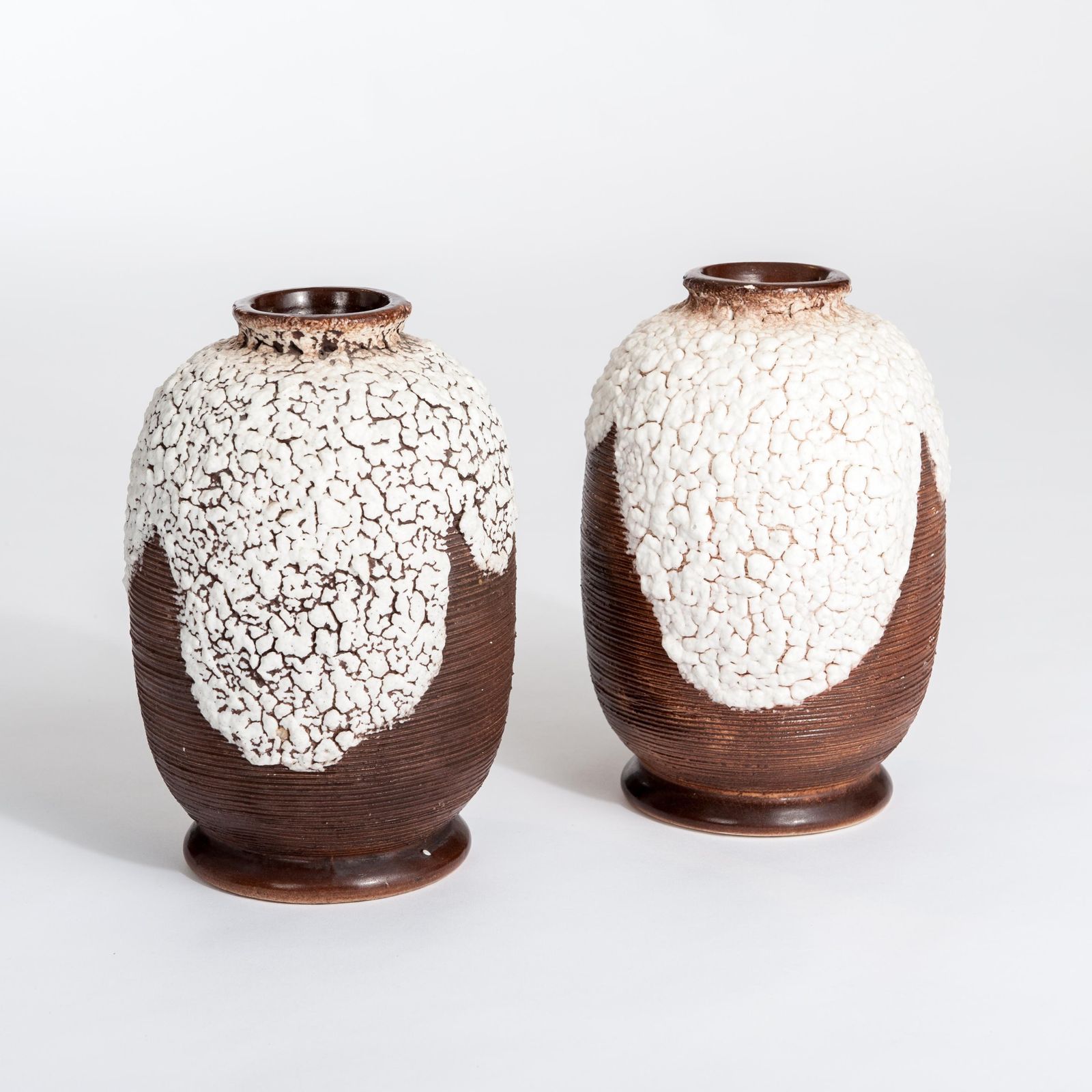 Pair Of French Art Deco Ceramic Vases Brown Offhwite By Louis Auguste Dage photo for sale