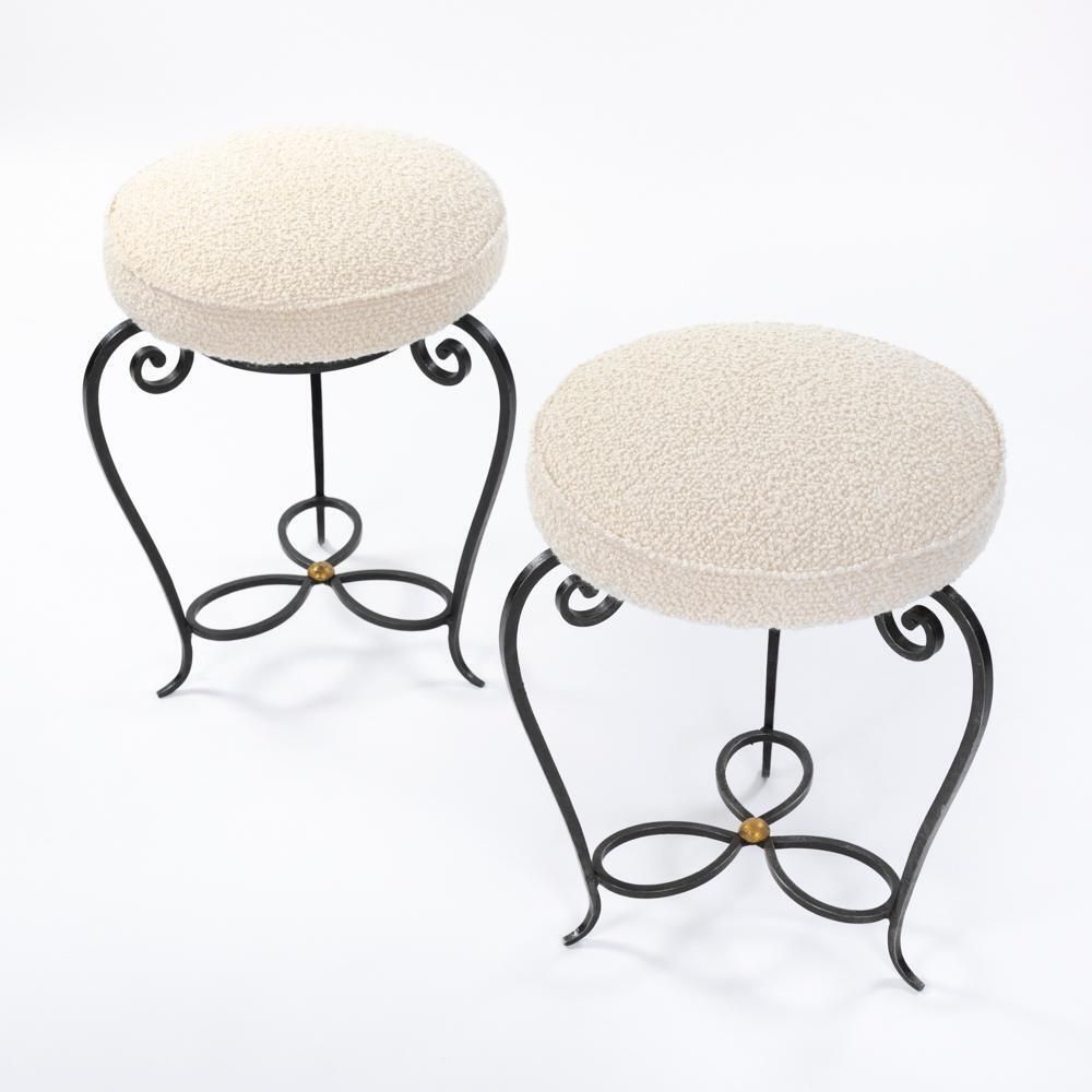 Pair Of French Art Déco Forged Iron Stools Offwhite Colored Bouclé France 1930s photo 3869.0