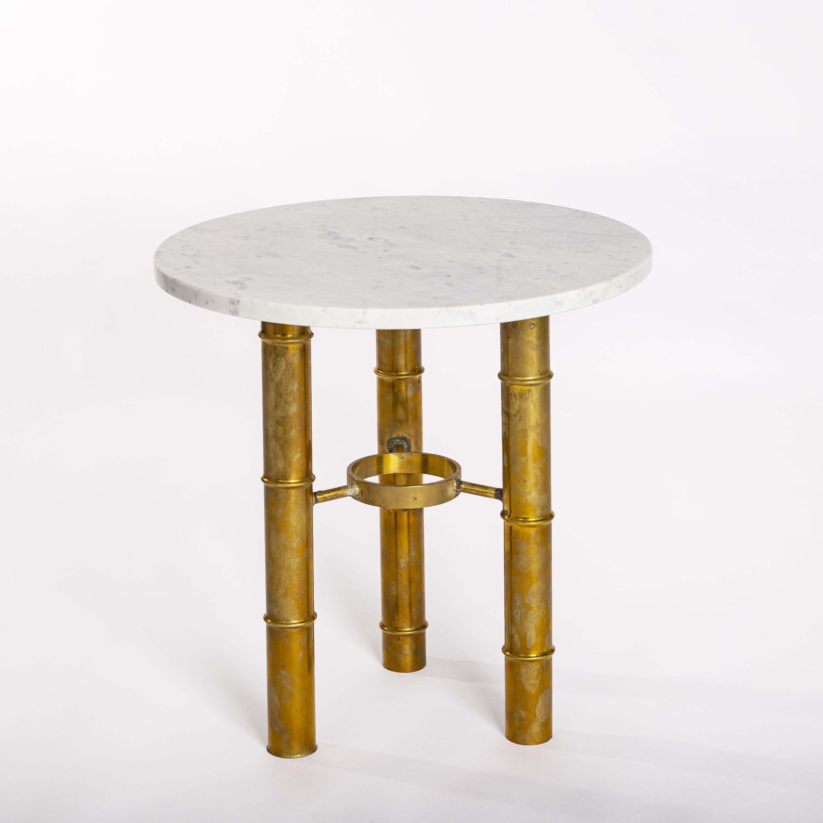 Pair Of French Mid Century Side Tables Brass Bamboo Design White Marble Top 70s photo furniture
