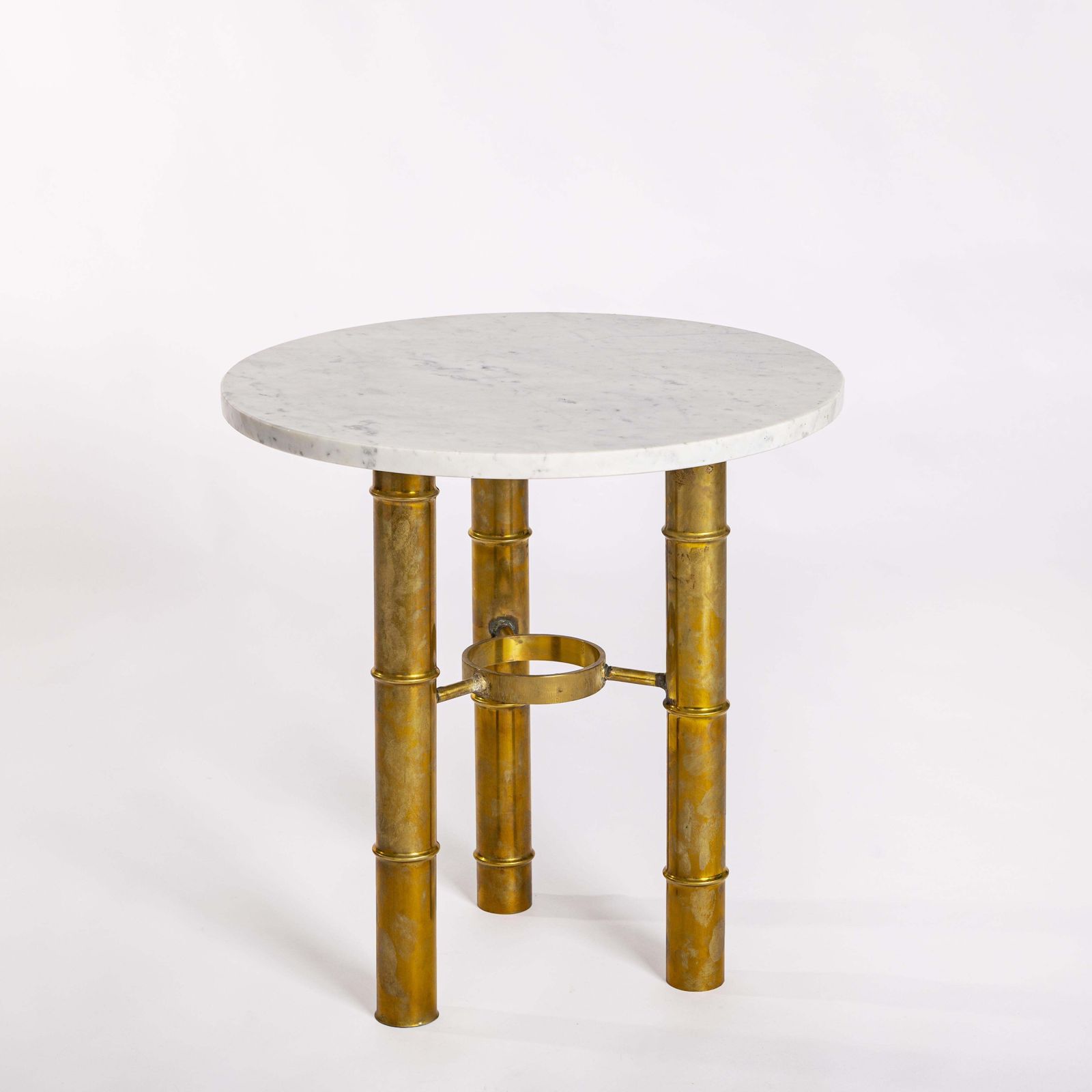 Pair Of French Mid Century Side Tables Brass Bamboo Design White Marble Top 70s photo for sale