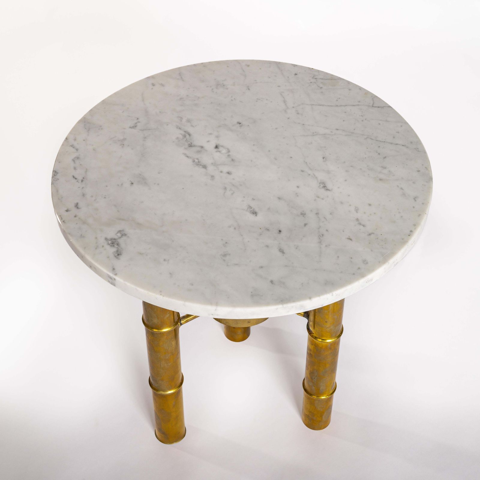 Pair Of French Mid Century Side Tables Brass Bamboo Design White Marble Top 70s photo Furniture