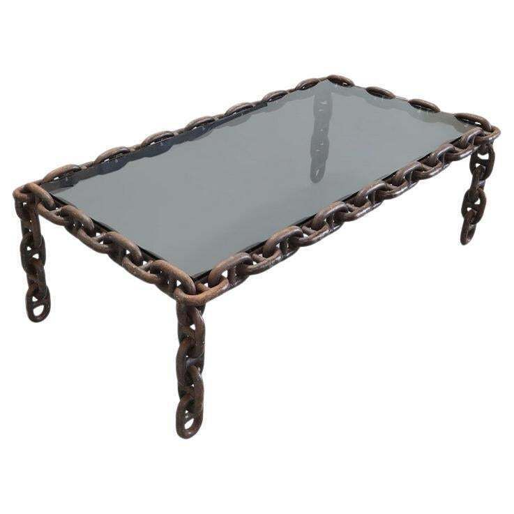 French Brutalist Iron "Chain" Coffee Table Smoked Glass Top, France 1960s photo furniture