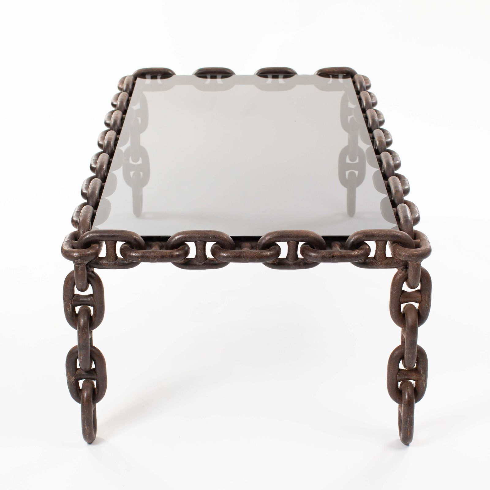 4127.0 French Brutalist Iron "Chain" Coffee Table Smoked Glass Top, France 1960s photo
