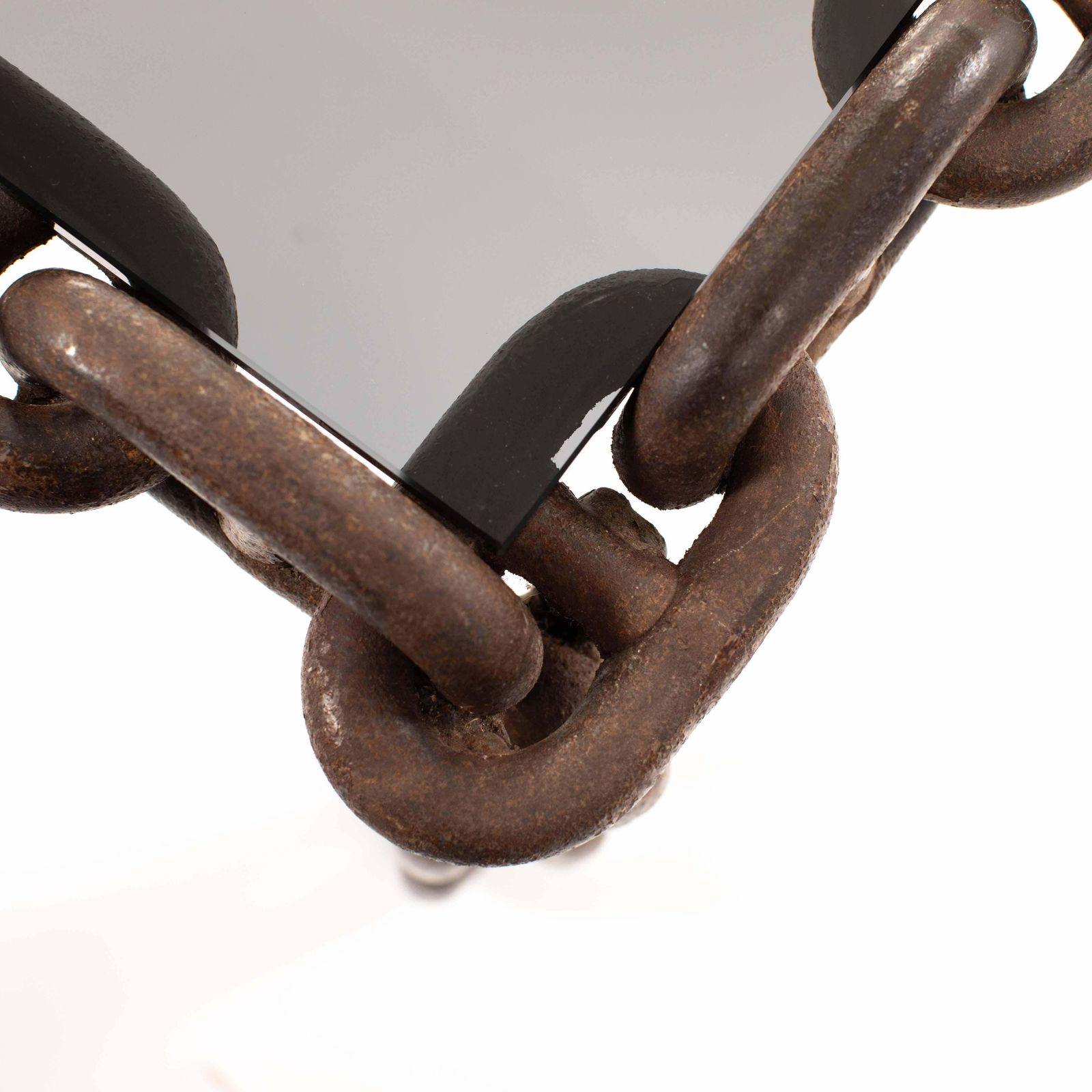 photo vinterior French Brutalist Iron "Chain" Coffee Table Smoked Glass Top, France 1960s