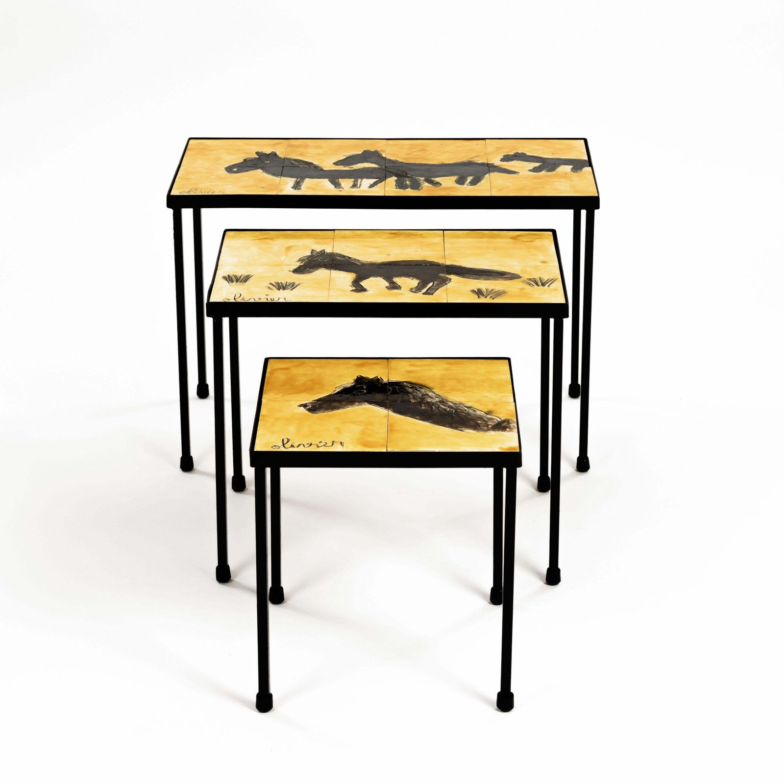 3 French Mid Century Ceramic Nesting Tables In Yellow Black, Signed Olivier photo furniture