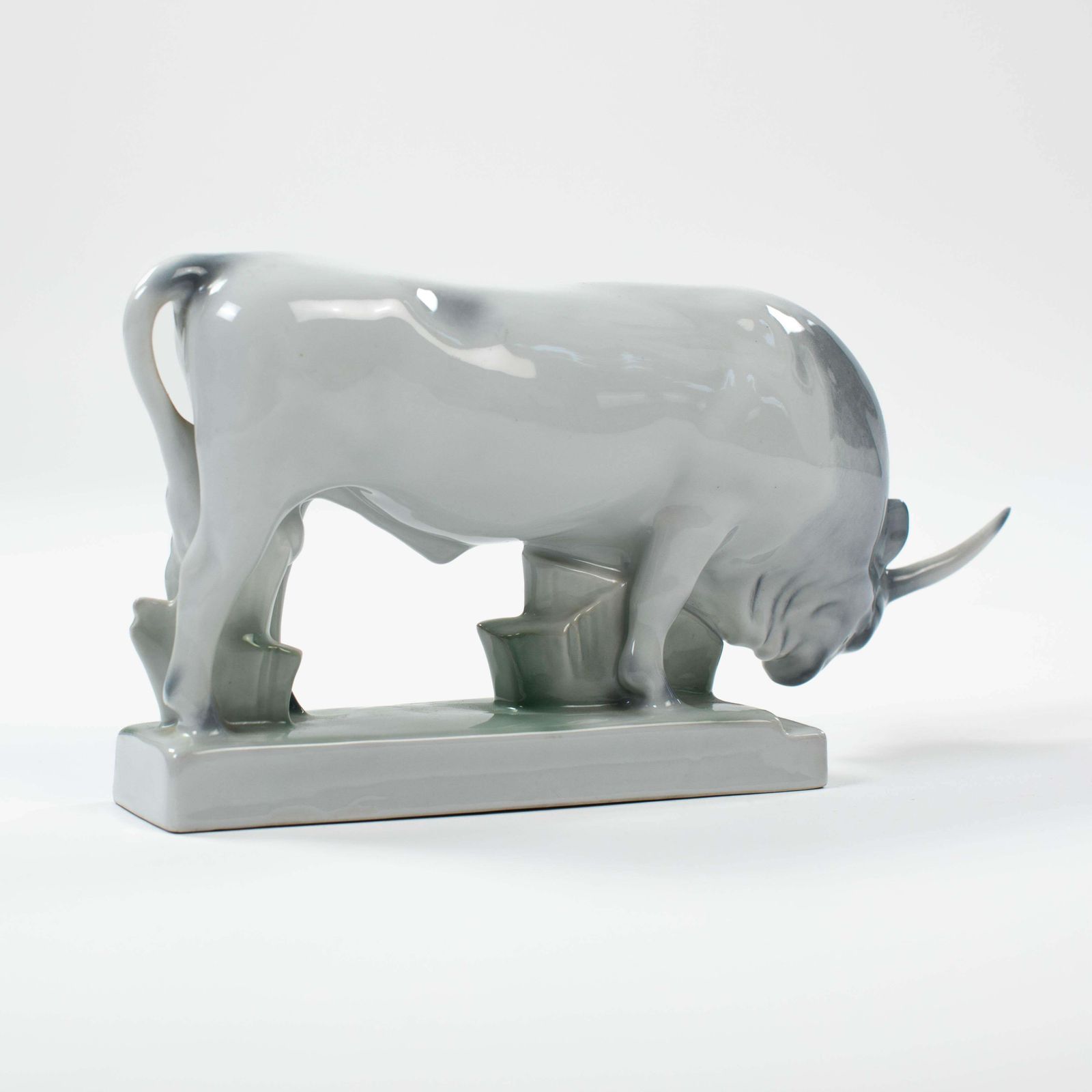Hungary Mid Century Porcelain Bull In Soft Light Grey Green Colors By Zsolnay photo vintage