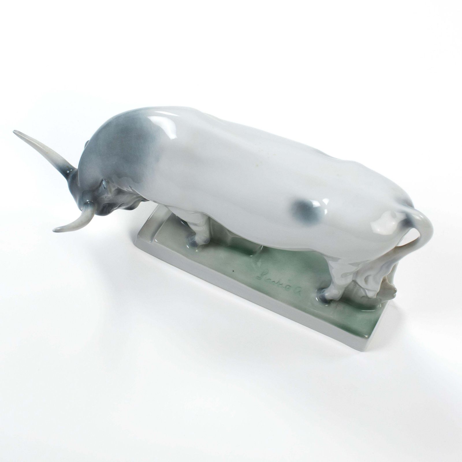 842.0 Hungary Mid Century Porcelain Bull In Soft Light Grey Green Colors By Zsolnay photo
