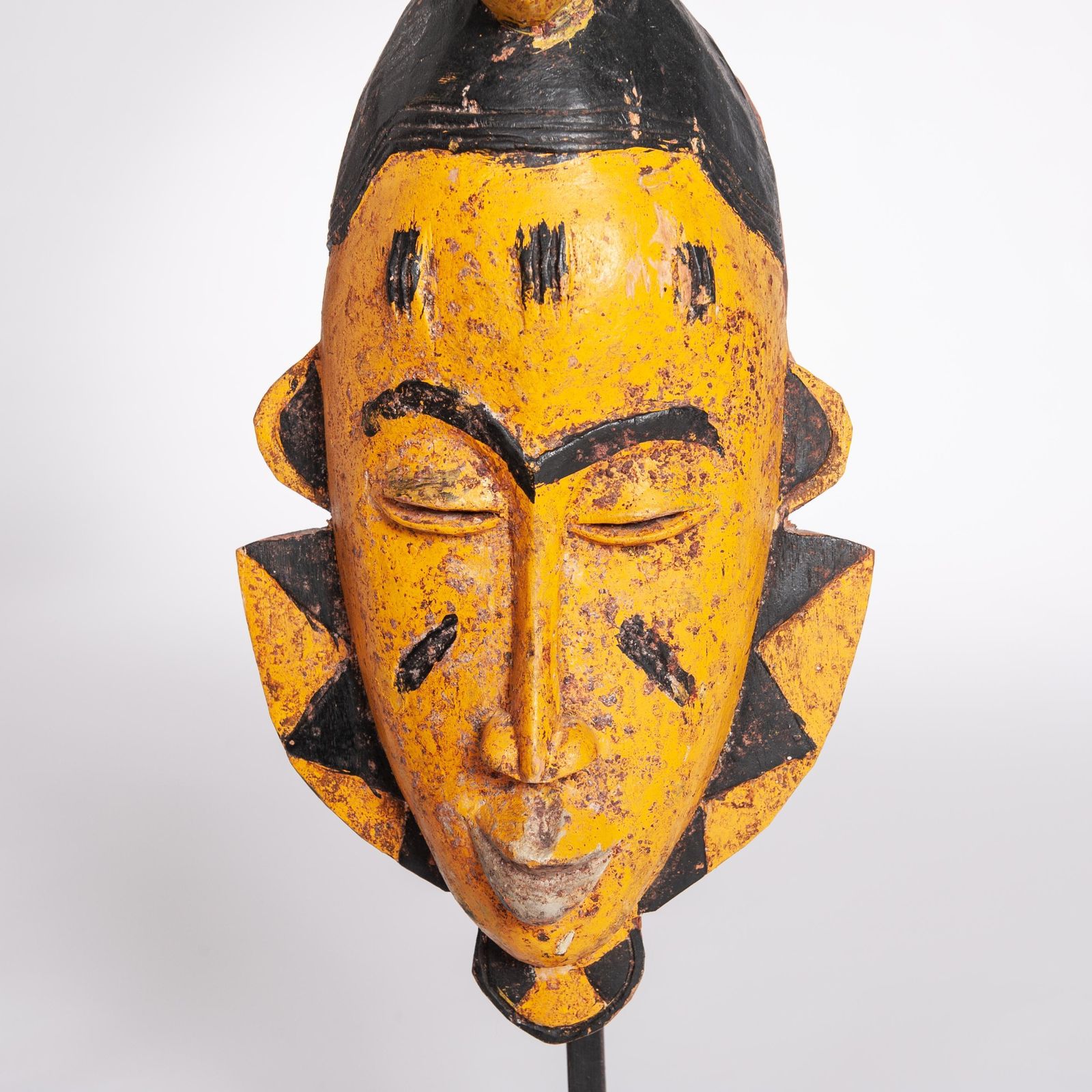 Mid Century Baoule Tribal Mask In Yellow Black With Antelope Head Decoration photo for sale