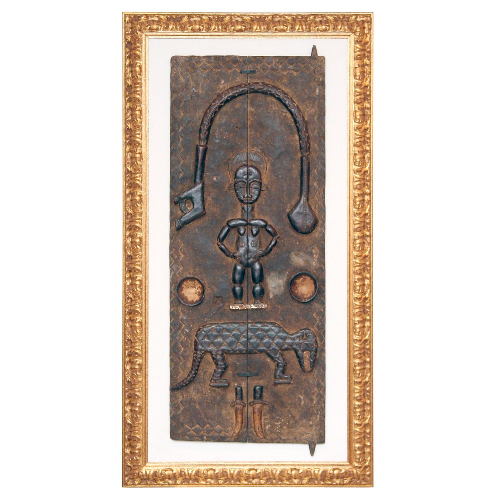 Africain Mid Century Wooden Tribal Wall Sculpture Mali Dogon Golden Frame 1960s