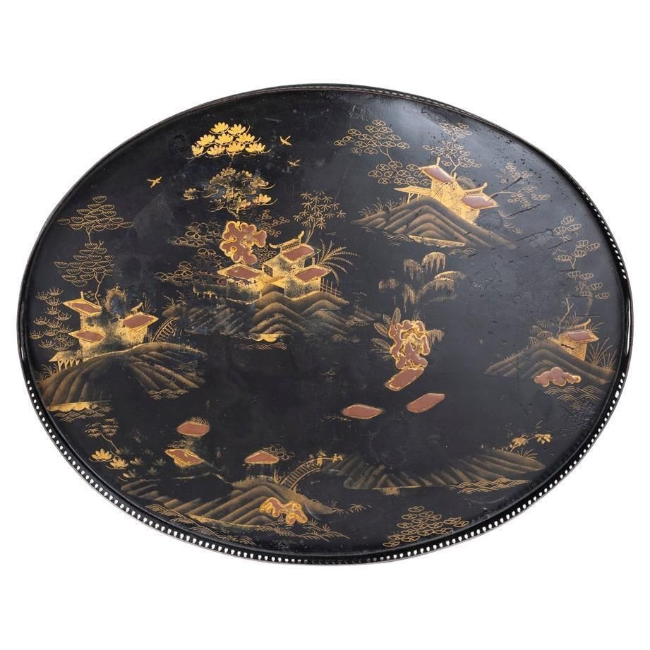 French Serving Tray With Chinoiserie Painting On Black Metal, Early 19th Century