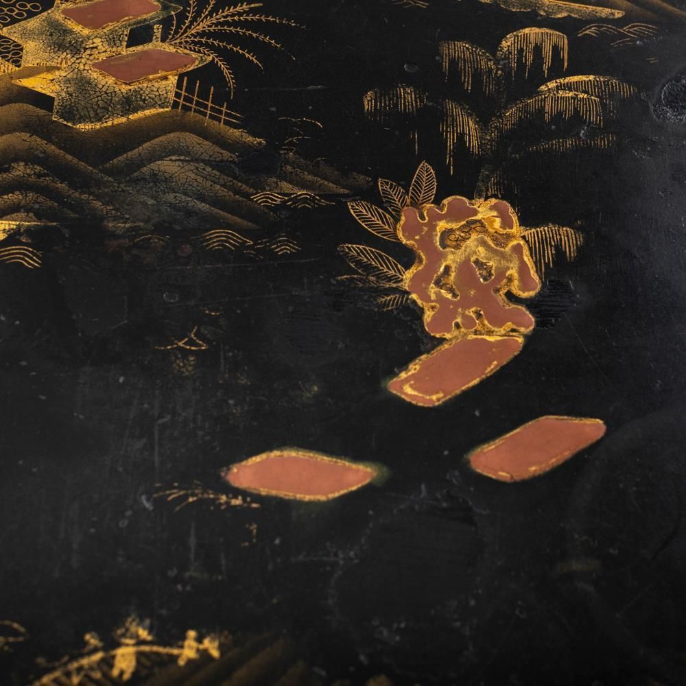 French Serving Tray With Chinoiserie Painting On Black Metal, Early 19th Century photo vinterior