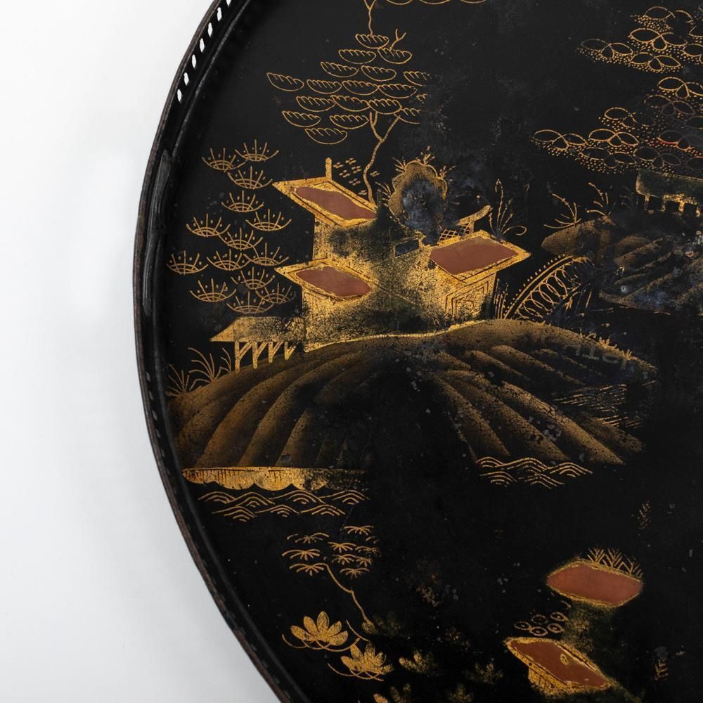 French Serving Tray With Chinoiserie Painting On Black Metal, Early 19th Century photo buy