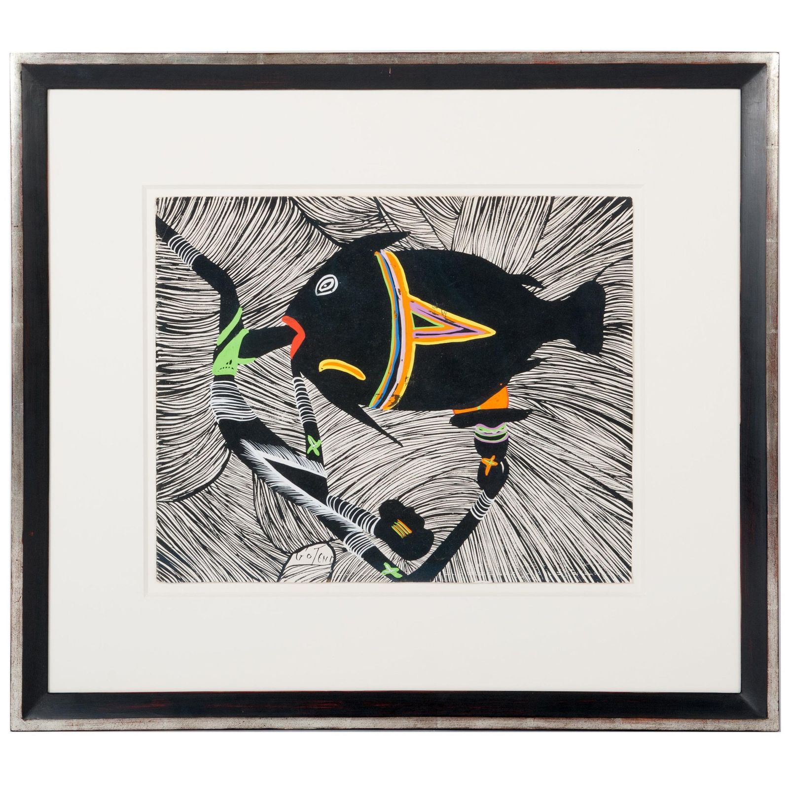 African Bantu Art, Expressive, Surrealistic Gouache By Marcel Gotène 1980s