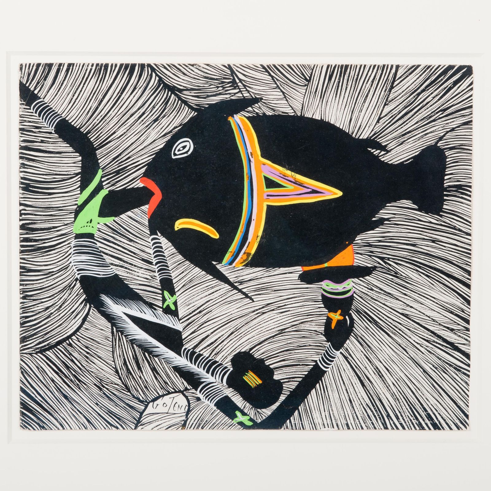 African Bantu Art, Expressive, Surrealistic Gouache By Marcel Gotène 1980s photo for sale