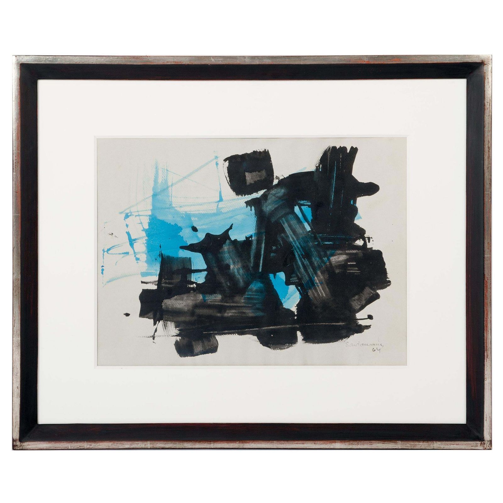 Abstract Mid Century Painting In Turquois Black, Signed By R. Santamaria, 1964
