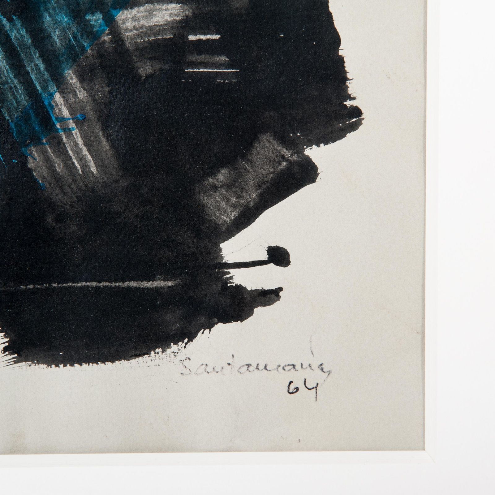 Abstract Mid Century Painting In Turquois Black, Signed By R. Santamaria, 1964 photo for sale