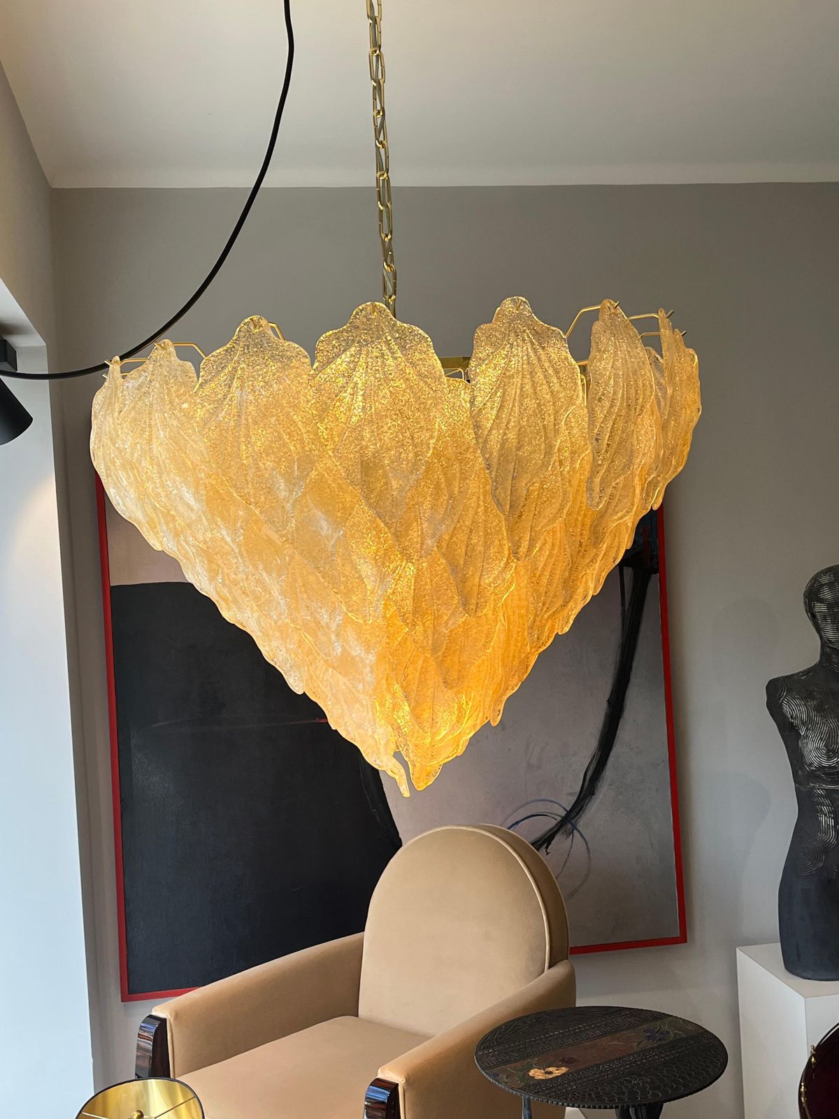 Ltalian Late Mid Century Murano Glass Chandelier With Honey Gold Leaves, 1990s photo furniture
