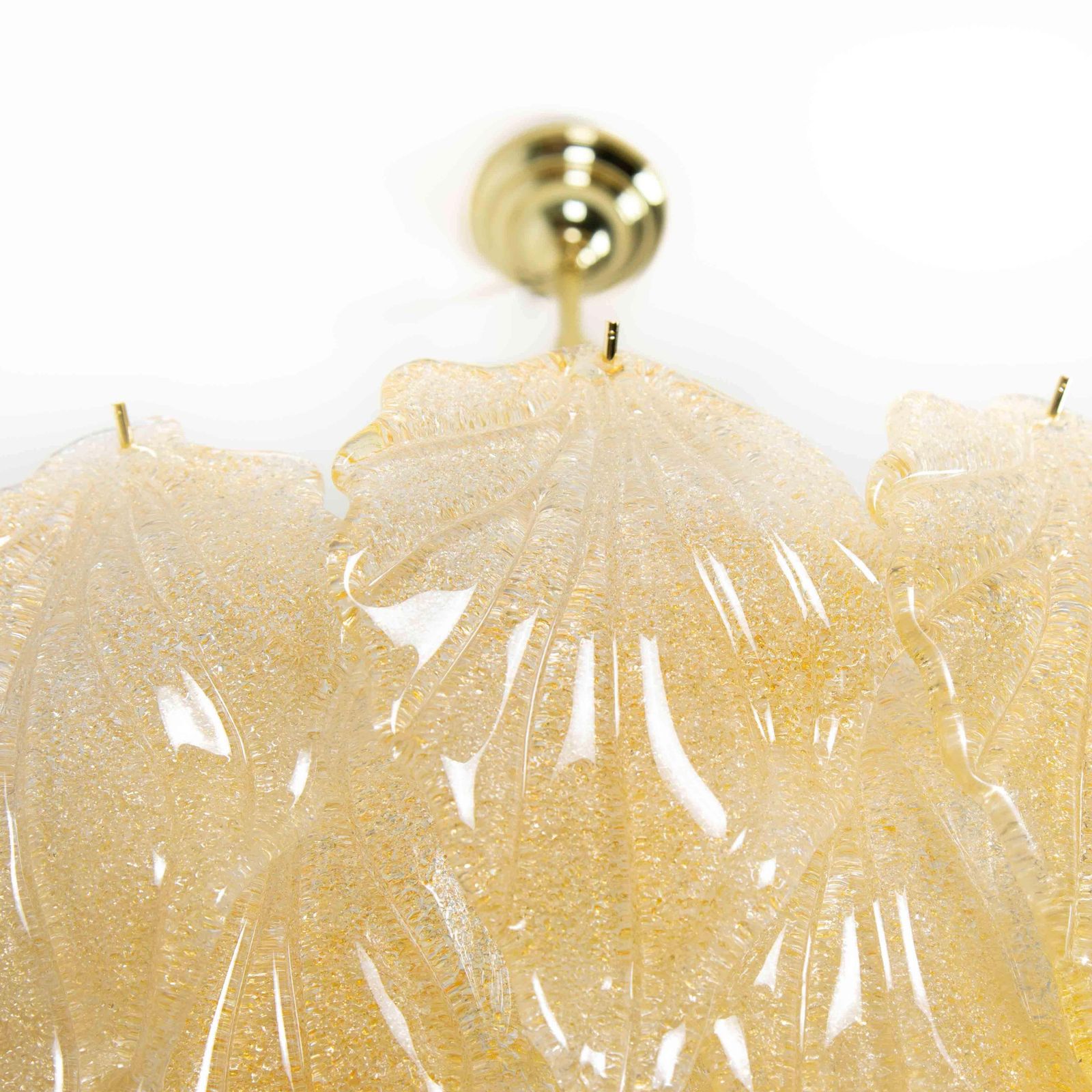 Ltalian Late Mid Century Murano Glass Chandelier With Honey Gold Leaves, 1990s photo for sale