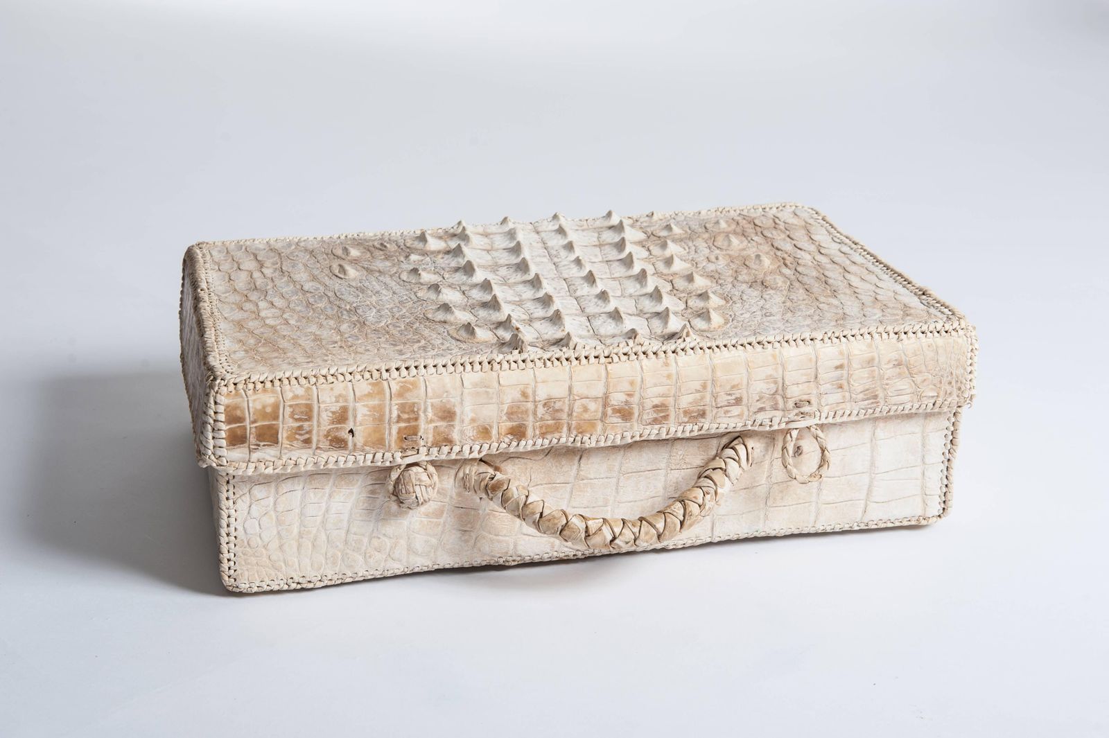 Unique French Art Déco Picnic Case Creme White Hornback Croco Leather 1930s photo furniture
