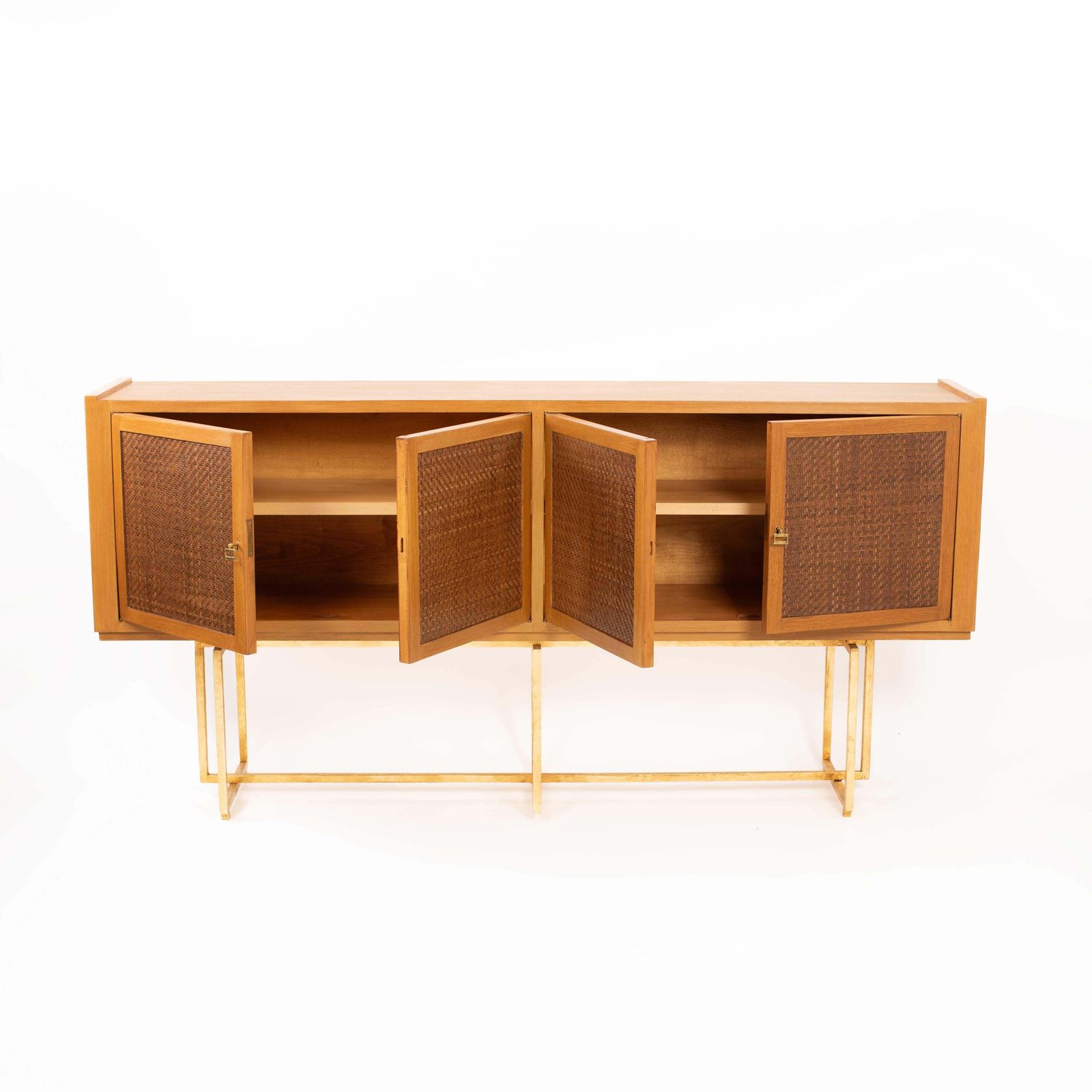 Mid Century Italian Sideboard Oakwood Gilt Metal Base, Leather Front Doors 1960s photo vinterior