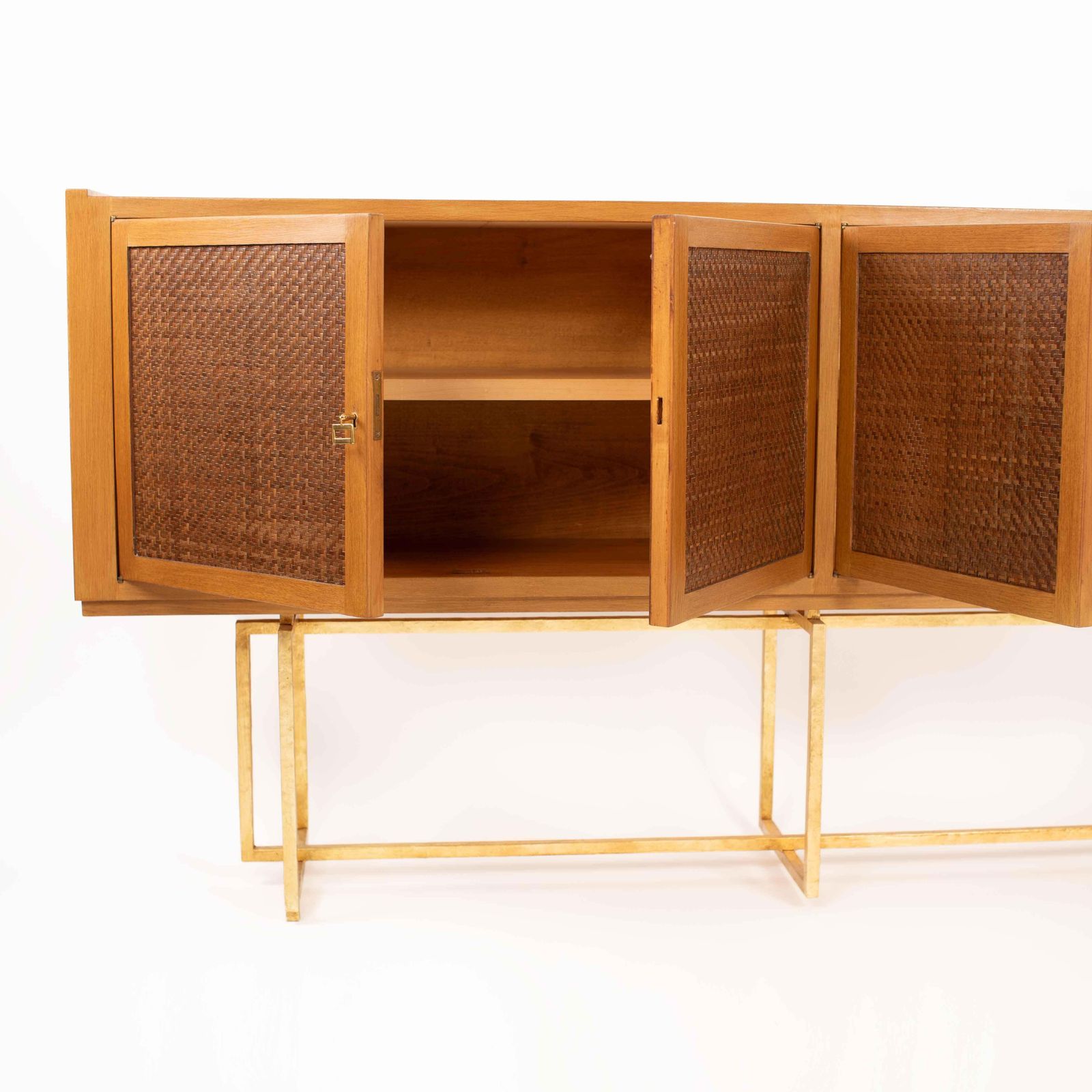 Mid Century Italian Sideboard Oakwood Gilt Metal Base, Leather Front Doors 1960s photo buy