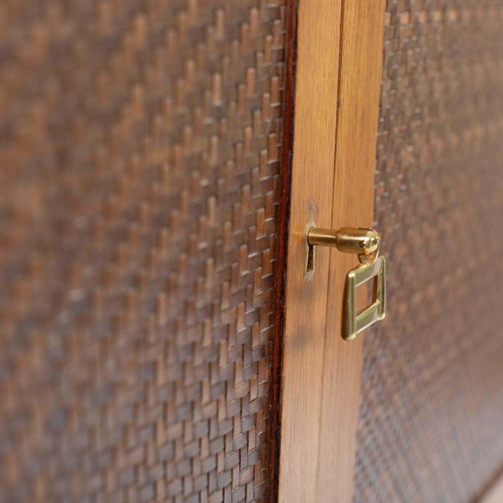 photo furniture Mid Century Italian Sideboard Oakwood Gilt Metal Base, Leather Front Doors 1960s
