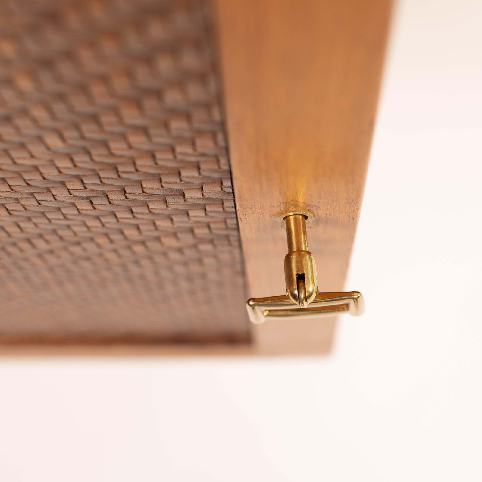 photo for sale Mid Century Italian Sideboard Oakwood Gilt Metal Base, Leather Front Doors 1960s