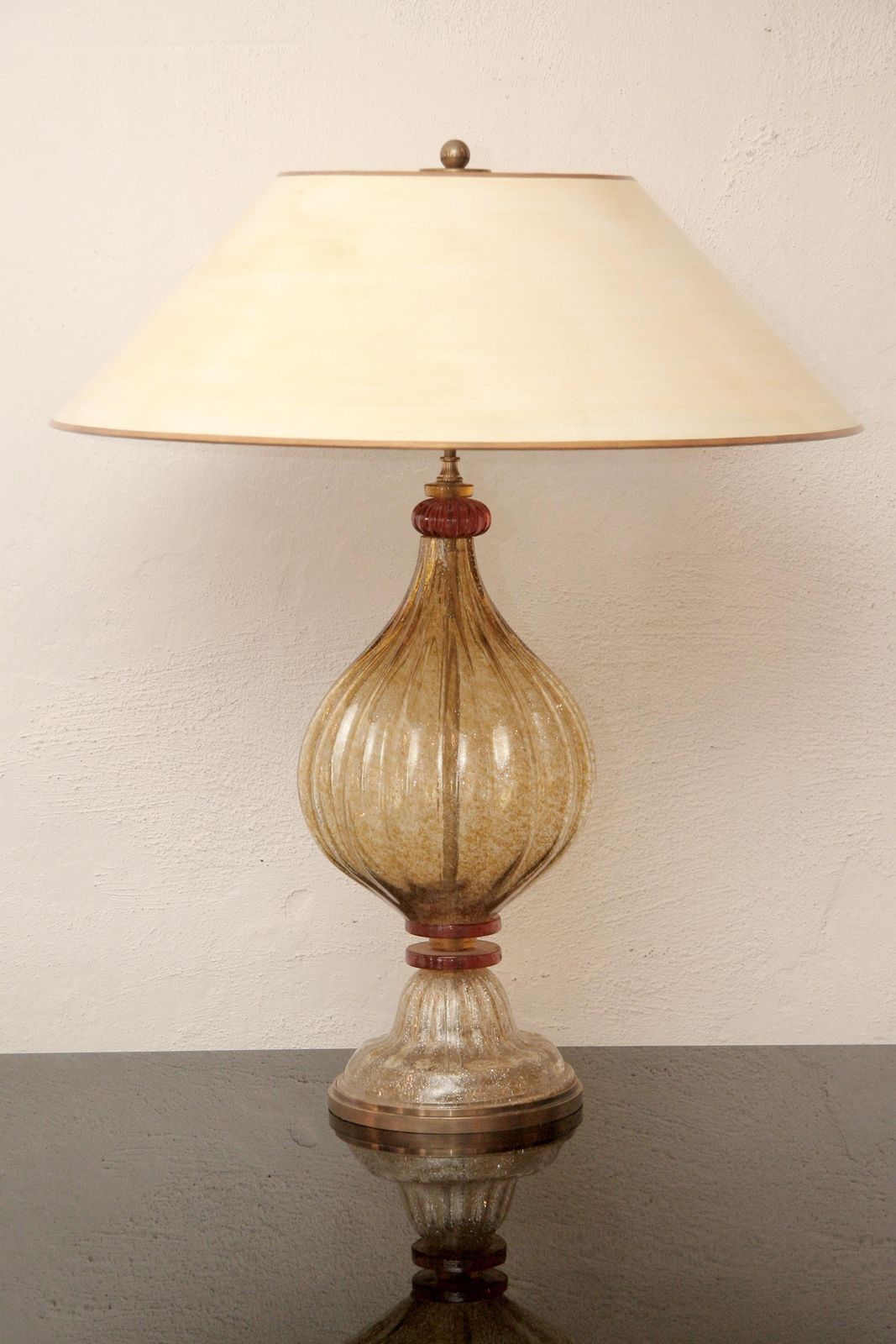 Midcentury Murano Glass Table Lamp Gold Orange Colored Hand Patinated Shade photo furniture