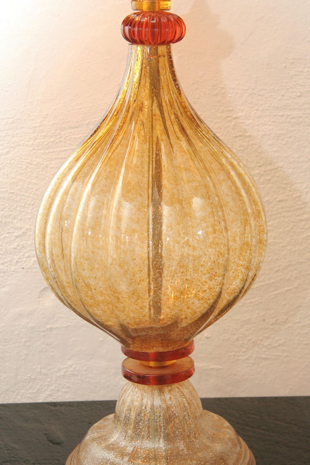 Midcentury Murano Glass Table Lamp Gold Orange Colored Hand Patinated Shade photo for sale