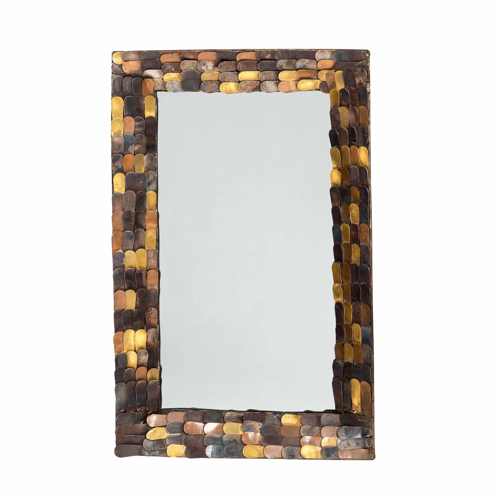 French Mid Century Mirror With Metal Scales Of Copper, Brass And Iron 1960s photo furniture