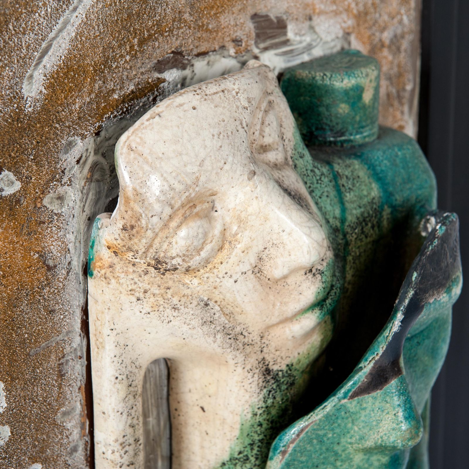 Italian Mid Century Ceramic Sculpture Picture Green Beige Grey Monogrammed 1950s photo vinterior