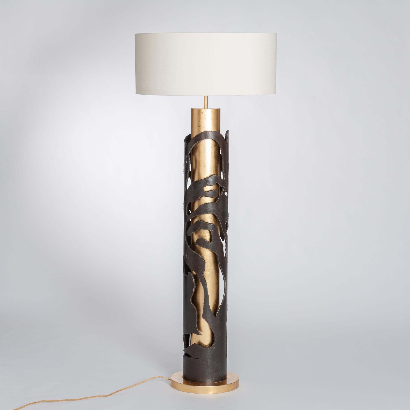 Italian Mid Century Iron Floor Lamp In Gold Brown Off White Silk Shade 1980s photo for sale