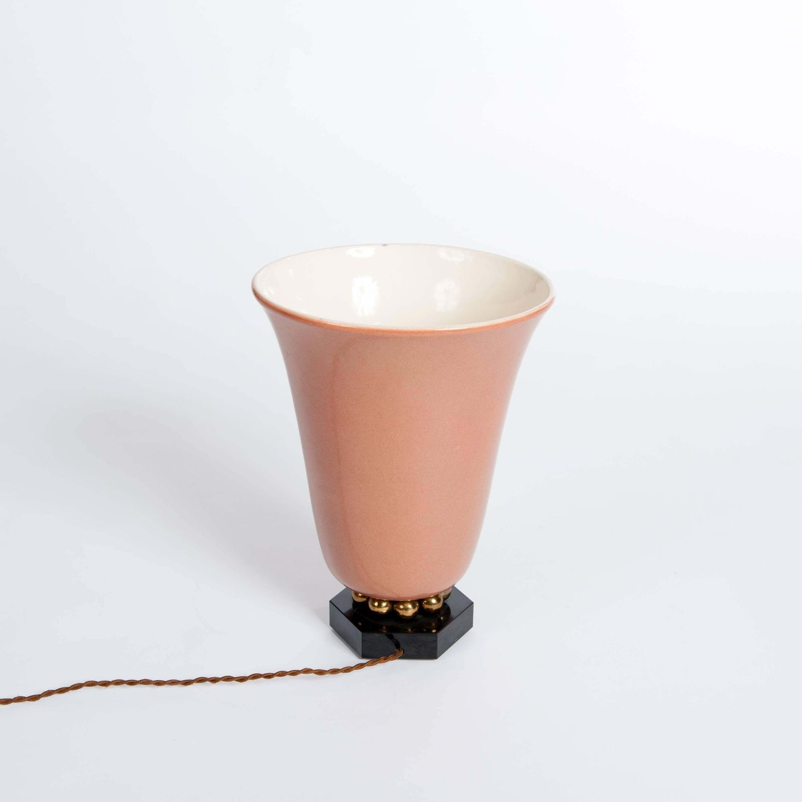 French Art Deco Old Rose Ceramic Table Lamp On Black Stone With Brass Details photo Lighting