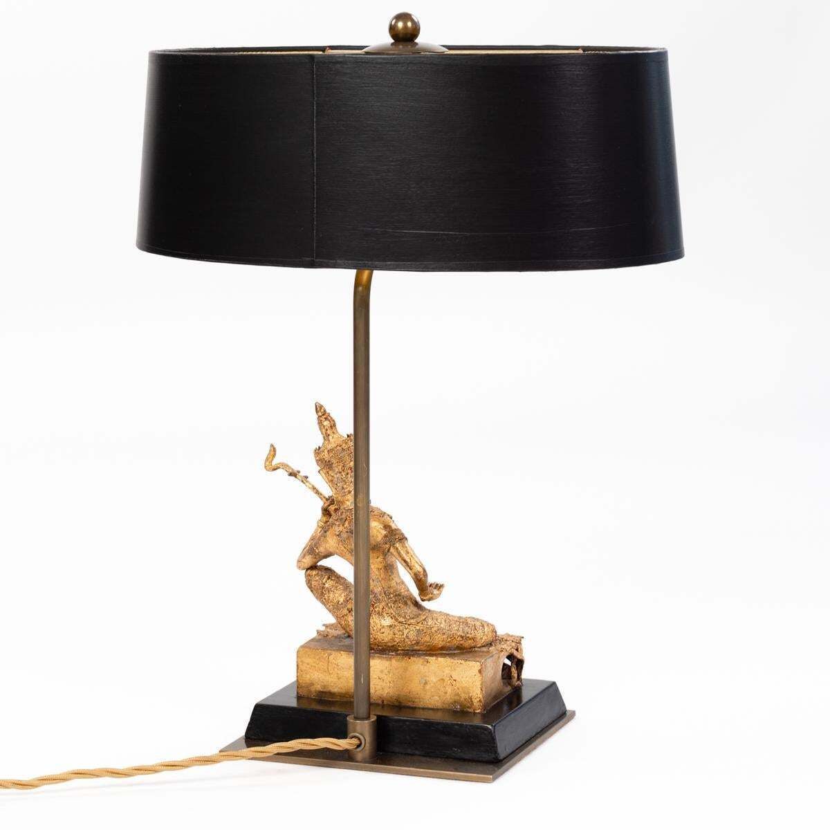 Asian Table Lamp Of A Sitting Temple Musicien Gilded Bronze Thailand 1920s photo vinterior