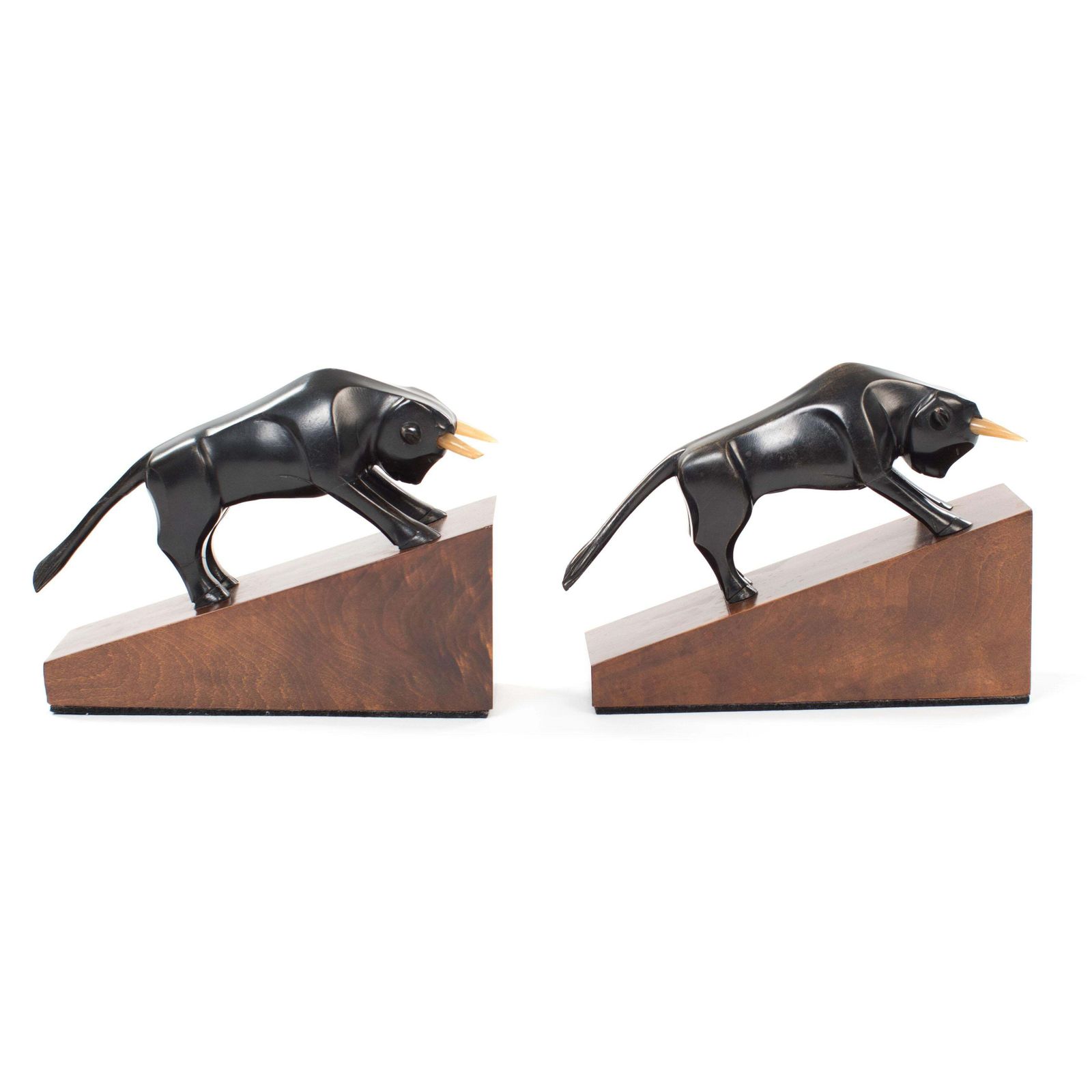 Pair Of French Cubistic Art Déco Bookends In Ebony Horn, Signed By Hand 1920s photo vintage