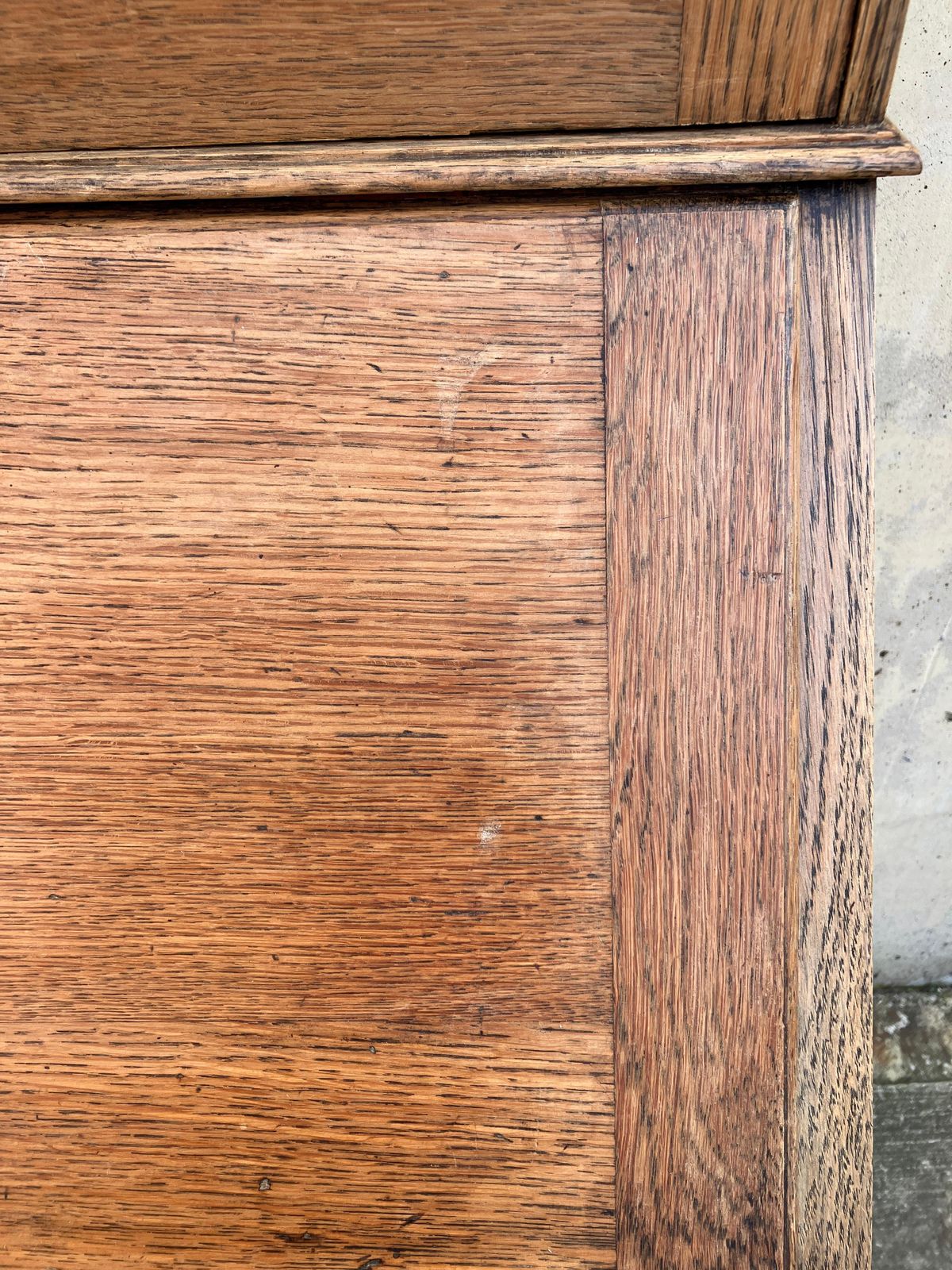 photo buy English Antique 1930's Oak Bureau Cabinet With Glass Vitrine And Drawers