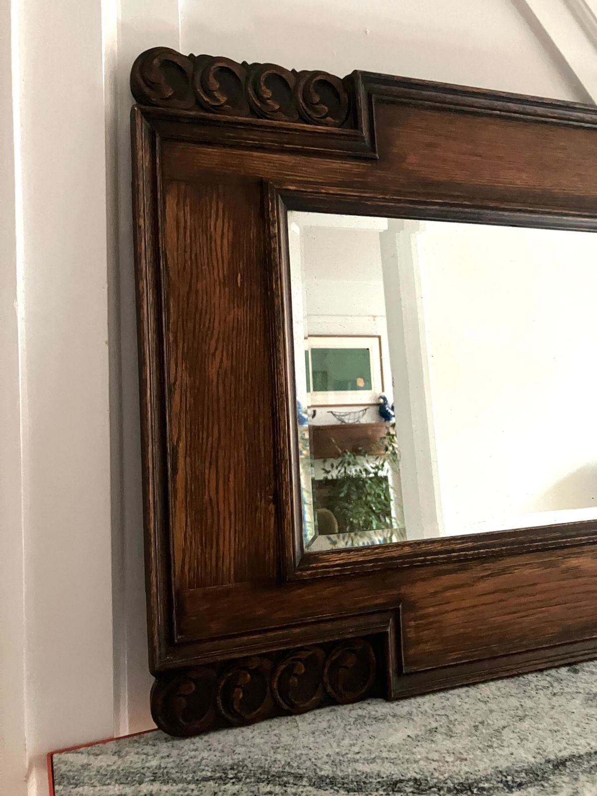 Large Decorative English Oak Framed Art & Crafts Mantel Mirror Late 19th Century photo vinterior