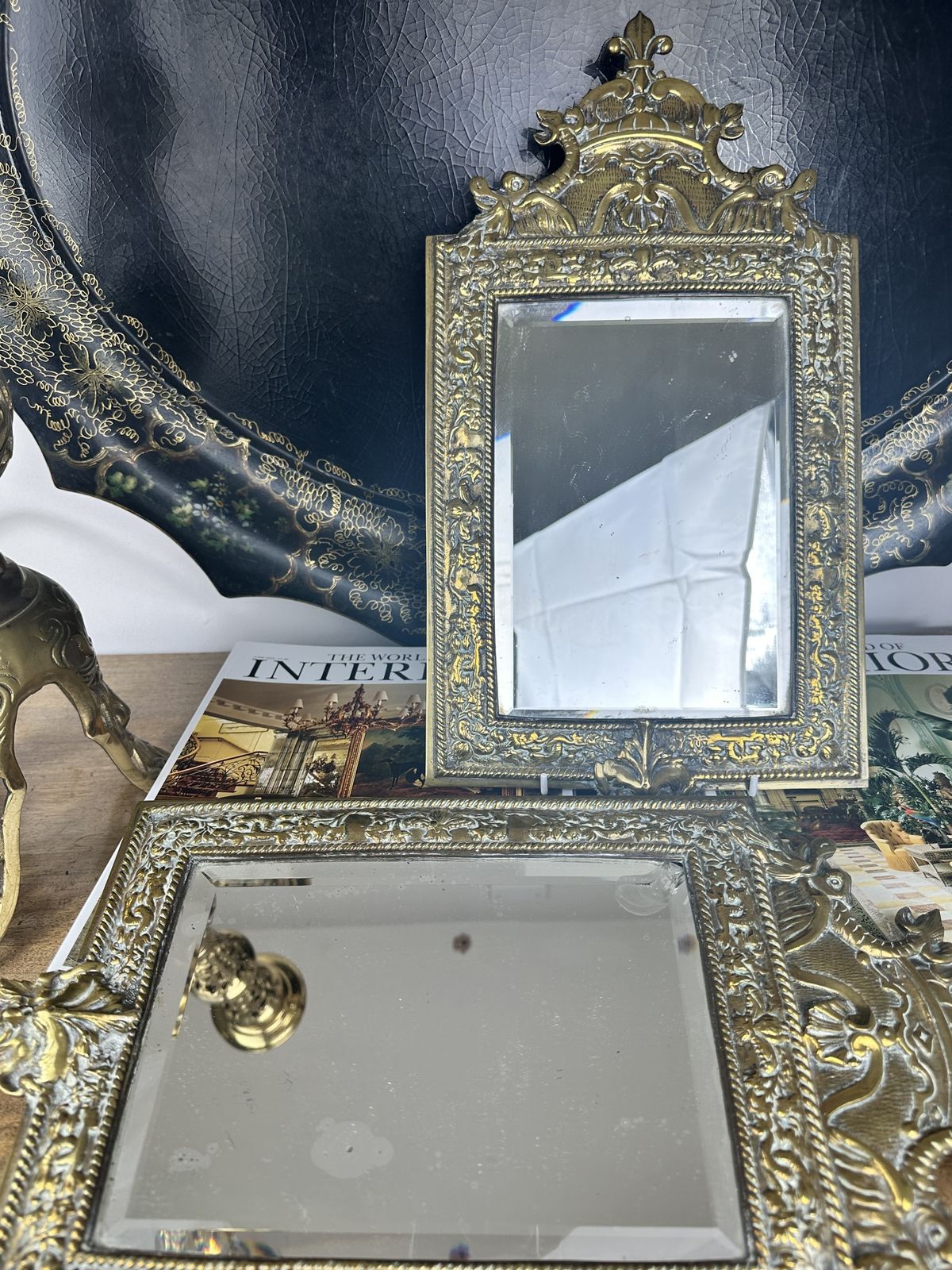 Pair Of Antique Brass Ornate Wall Mirrors With Original Glass