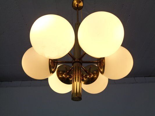 Sputnik Brass And Glass Ceiling Chandelier From Kaiser Idell / Kaiser Leuchten, Germany, 1960s photo vintage