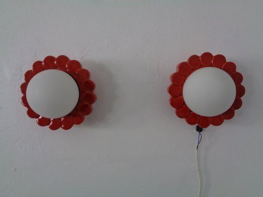Pop Art Studio Ceramic & Glass Flower Wall Lamps, Germany, 1960s, Set Of 2 photo furniture